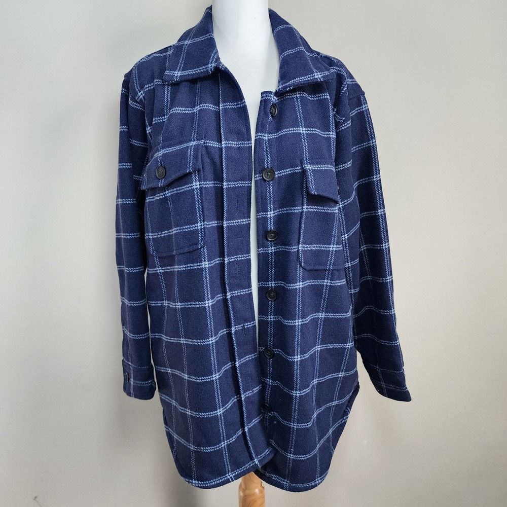NEW Tilley Plaid Shacket Womens Large Blue Wool‎ Blend Shirt Jacket Flannel Coat